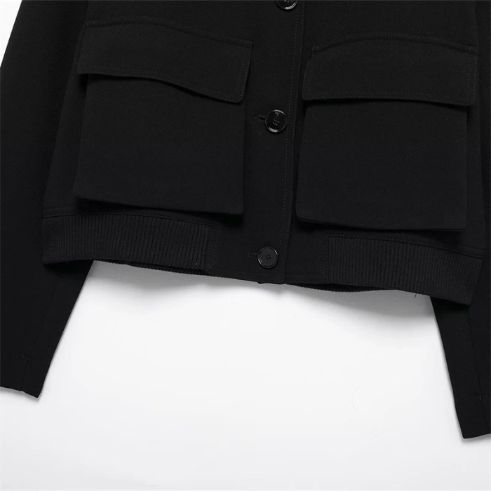 Women's Black Bright Line Loose Cropped Jacket – Safari Style, Single Breasted Blazer with Flap Pockets 5
