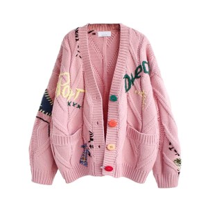 Loose Knitted Sweater – Long Sleeve Embroidered V-Neck Open Front Cardigan, 2