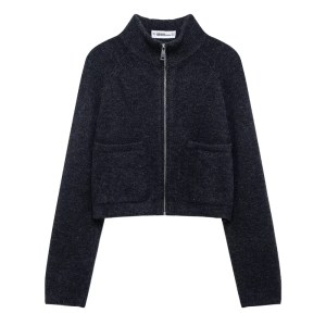 Black Women's Soft Touch Knit Cardigan – Leisure Style, Mock Neck, Double Pockets, Loose Cropped Sweater