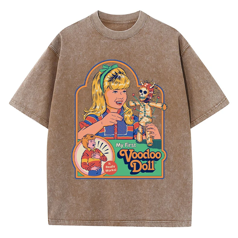 Voodoo Print Distressed Washed T-Shirt – Breathable Summer Tee for Casual Street Fashion 1