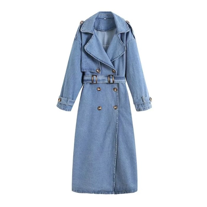 Women's Long Denim Coat – Street Style, Double-Breasted, Belted Loose Trench Outerwear