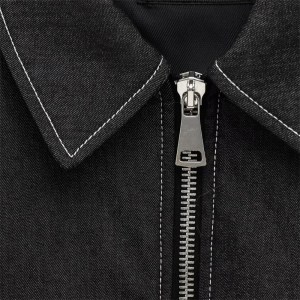 Women's Black Denim Jacket – White Line Detail, Flap Pockets, Loose Cropped Zipper Outerwear 3