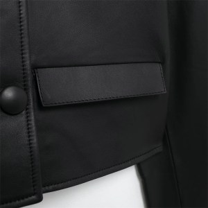 Women's Black Leather-Look Blazer – Street Style, O-Neck, Double Breasted Leather Jacket Coat Top 4