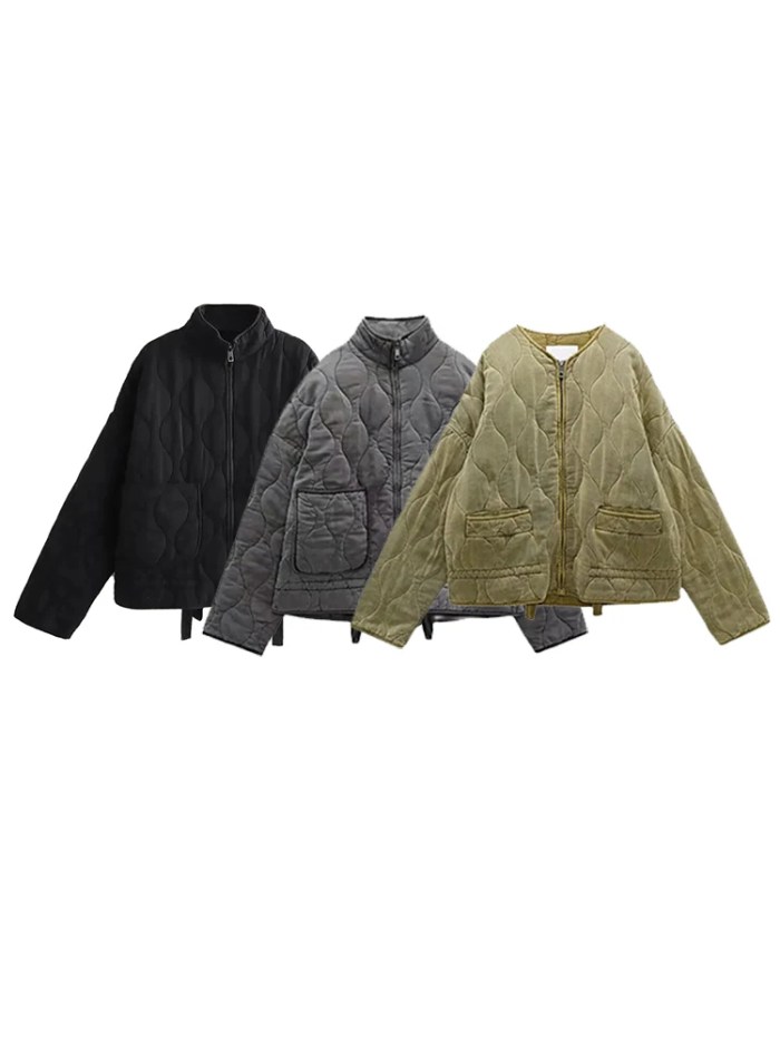 Women's Zipper Warm Jacket – Autumn & Winter Long Sleeve, Round Neck, Padded Coat
