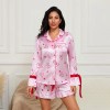 Women's Heart Bow Pajama Set – Long Sleeve Lapel Button-Up Top & Loose Shorts, Satin 2-Piece Sleepwear Set for Cozy Autumn Nights