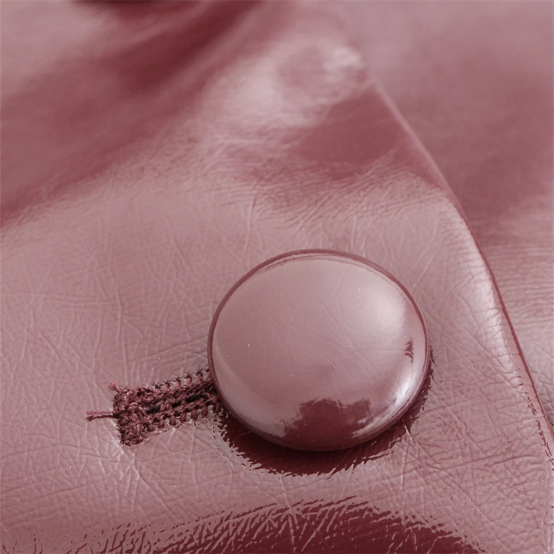 Autumn Burgundy Women's Glossy Faux Leather Jacket – Street Style Round Neck Single-Breasted Slim Crop Coat, 2