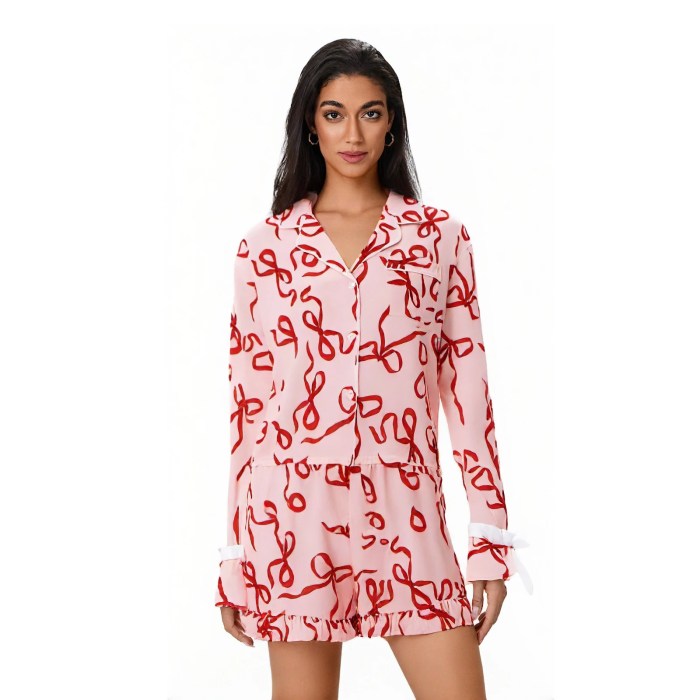 women's satin bow pajama set – long sleeve lapel button up top & shorts, 2 piece sleepwear set for cozy nights Women's Satin Bow Pajama Set – Long Sleeve Lapel Button-Up Top & Shorts, 2-Piece Sleepwear Set for Cozy Nights
