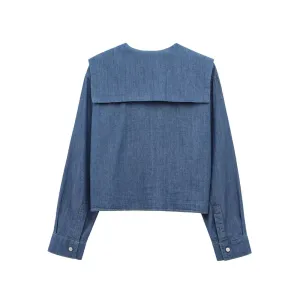 zach women's lapel long sleeve button up denim shirt Zach Women's Lapel Long Sleeve Button-Up Denim Shirt 2