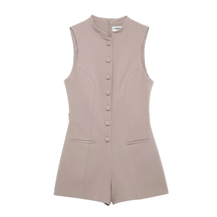 women's khaki single breasted sleeveless romper – round neck, straight leg shorts jumpsuit