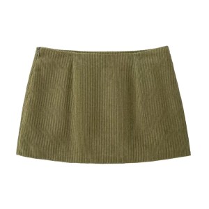 Women's Olive Green Corduroy Mini Skirt – Retro Style, Low Waist, Slim A-Line with Side Zipper and Hip Wrap Detail 1