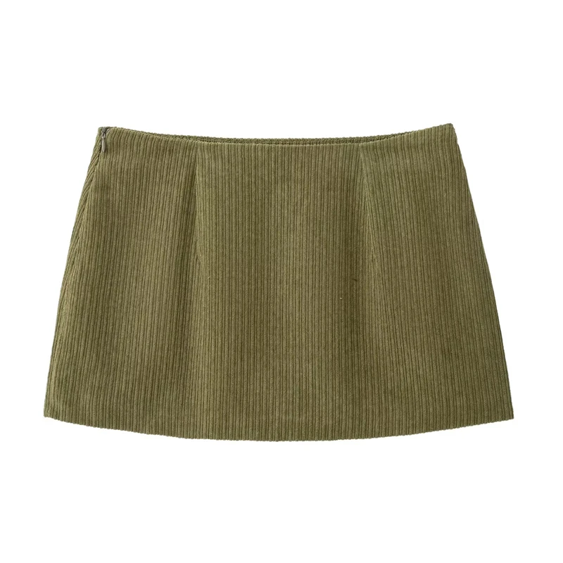 Women's Olive Green Corduroy Mini Skirt – Retro Style, Low Waist, Slim A-Line with Side Zipper and Hip Wrap Detail 1
