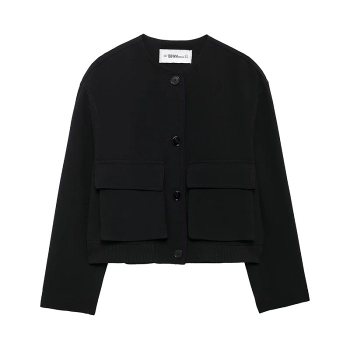 Women's Black Bright Line Loose Cropped Jacket – Safari Style, Single Breasted Blazer with Flap Pockets