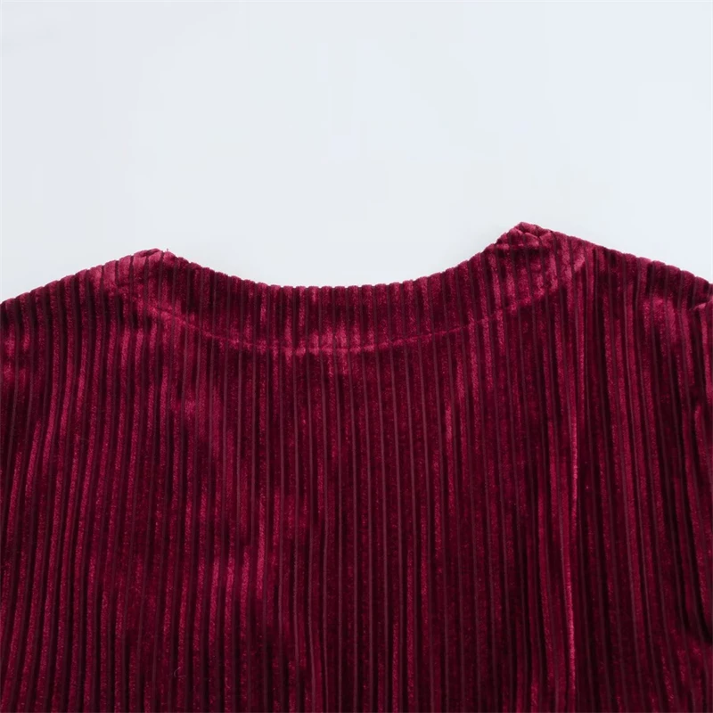 Deep Red Women's Velvet Mini Dress – Retro V-Neck, Long Sleeve, Slim Fit with Front Knot Detail 5