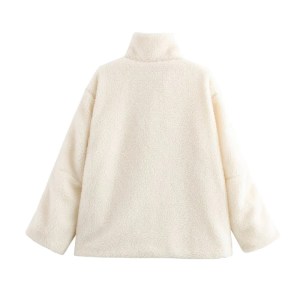 women's beige mock neck fleece coat – leisure style, double pockets, loose zipper cropped jacket Women's Beige Mock Neck Fleece Coat – Leisure Style, Double Pockets, Loose Zipper Cropped Jacket 1