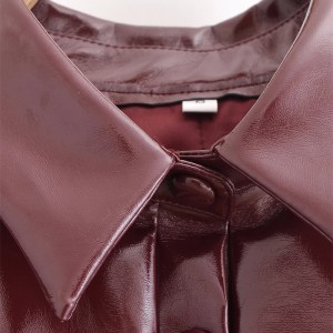 Womens Glossy Faux leather Jacket Street style Single Breasted Patchwork Slim Cropped Shirt Coat
