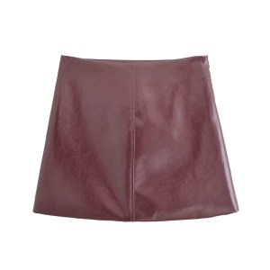 Burgundy Women's Glossy Leather A-Line Skirt – High Waist, Side Zipper, Flap Pocket Detail, Chic & Stylish 2