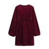deep red women's velvet mini dress – retro v neck, long sleeve, slim fit with front knot detail Deep Red Women's Velvet Mini Dress – Retro V-Neck, Long Sleeve, Slim Fit with Front Knot Detail