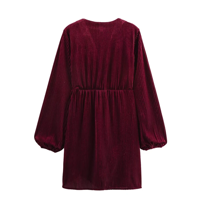 Deep Red Women's Velvet Mini Dress – Retro V-Neck, Long Sleeve, Slim Fit with Front Knot Detail