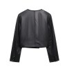 women's black leather look blazer – street style, o neck, double breasted leather jacket coat top Women's Black Leather-Look Blazer – Street Style, O-Neck, Double Breasted Leather Jacket Coat Top