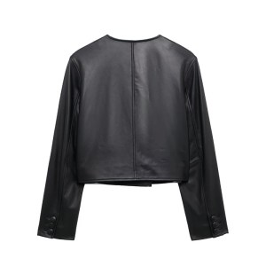 Women's Black Leather-Look Blazer – Street Style, O-Neck, Double Breasted Leather Jacket Coat Top