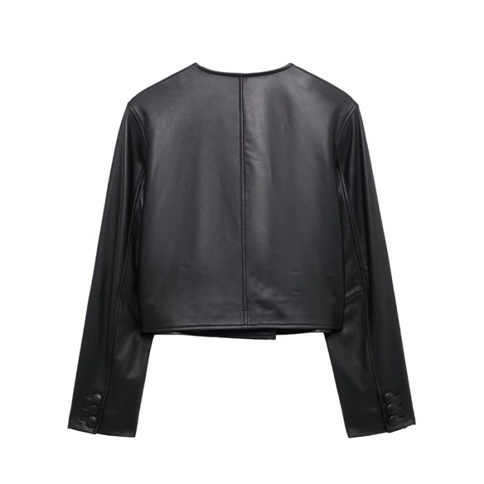 women's black leather look blazer – street style, o neck, double breasted leather jacket coat top Women's Black Leather-Look Blazer – Street Style, O-Neck, Double Breasted Leather Jacket Coat Top