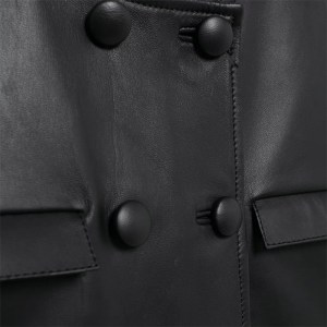 Women's Black Leather-Look Blazer – Street Style, O-Neck, Double Breasted Leather Jacket Coat Top 2