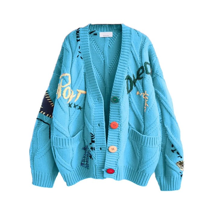 loose knitted sweater – long sleeve embroidered v neck open front cardigan, Loose Knitted Sweater – Long Sleeve Embroidered V-Neck Open Front Cardigan,