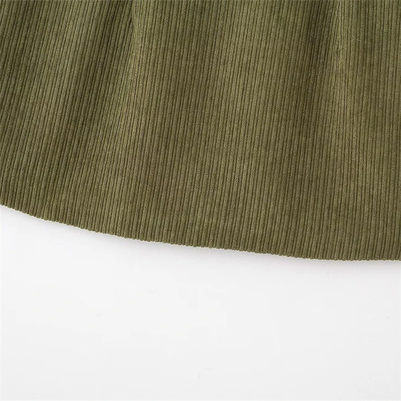 Women's Olive Green Corduroy Mini Skirt – Retro Style, Low Waist, Slim A-Line with Side Zipper and Hip Wrap Detail 5