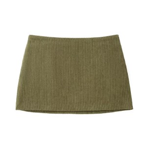 Women's Olive Green Corduroy Mini Skirt – Retro Style, Low Waist, Slim A-Line with Side Zipper and Hip Wrap Detail