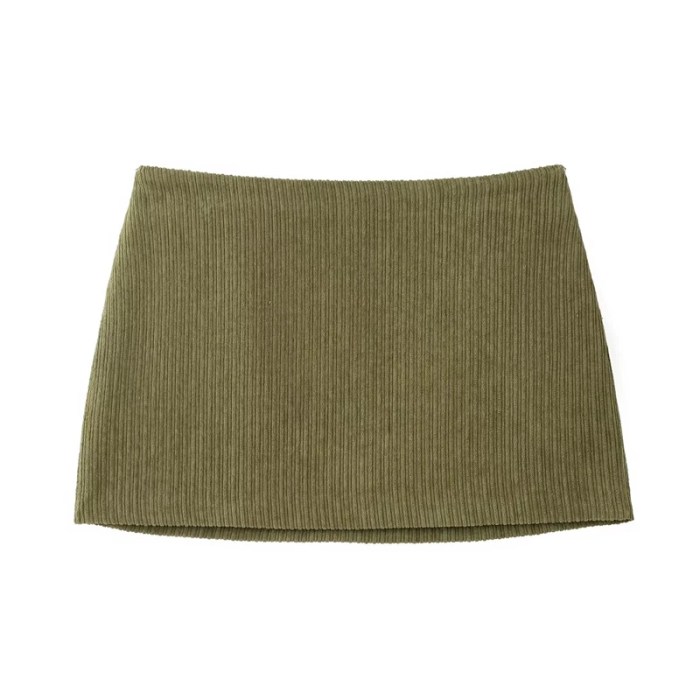 women's olive green corduroy mini skirt – retro style, low waist, slim a line with side zipper and hip wrap detail Women's Olive Green Corduroy Mini Skirt – Retro Style, Low Waist, Slim A-Line with Side Zipper and Hip Wrap Detail