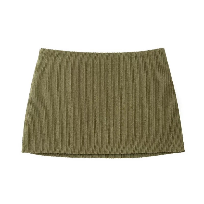 Women's Olive Green Corduroy Mini Skirt – Retro Style, Low Waist, Slim A-Line with Side Zipper and Hip Wrap Detail