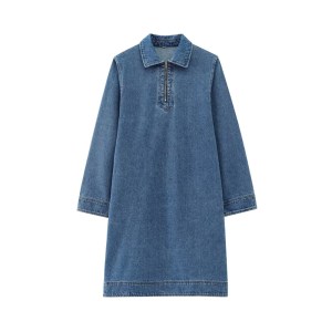 Zach Women's Casual Lapel Denim Dress – Autumn Long Sleeve with Half-Zipper Placket