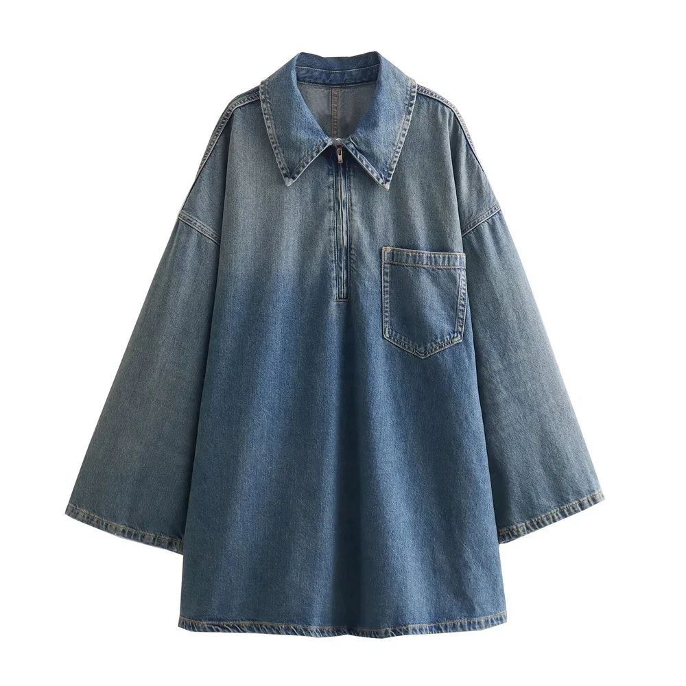Women's Autumn Butterfly A-Line Denim Dress – Casual Lapel Commuting Dress