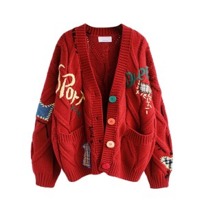 Loose Knitted Sweater – Long Sleeve Embroidered V-Neck Open Front Cardigan, 3