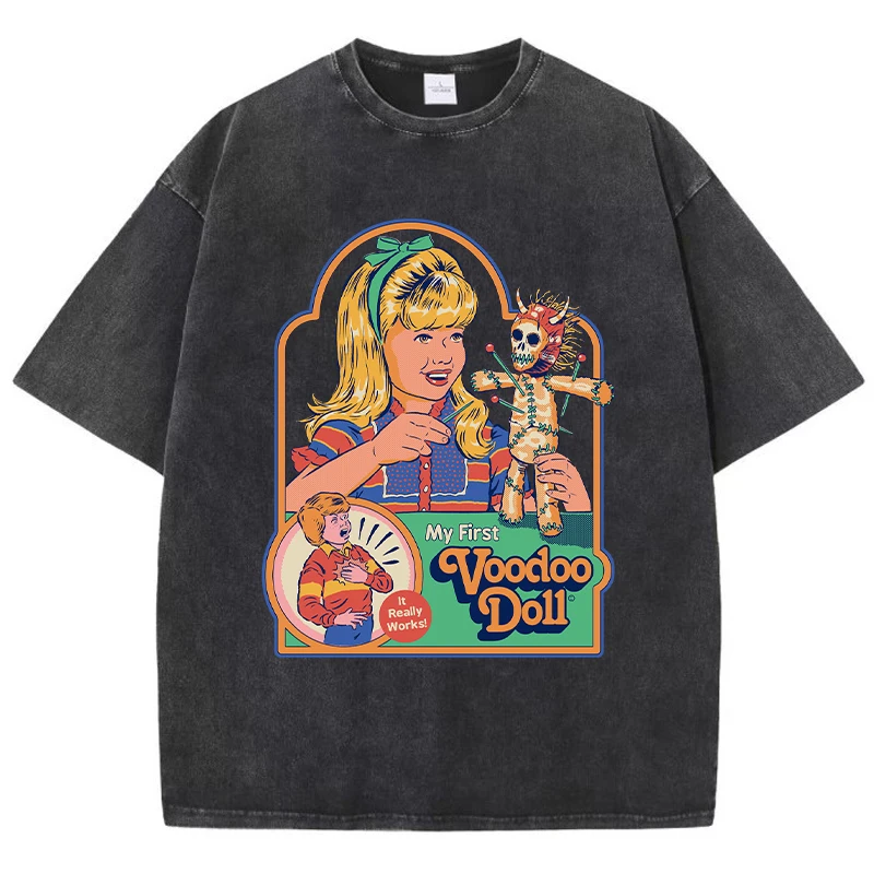 voodoo print distressed washed t shirt – breathable summer tee for casual street fashion Voodoo Print Distressed Washed T-Shirt – Breathable Summer Tee for Casual Street Fashion