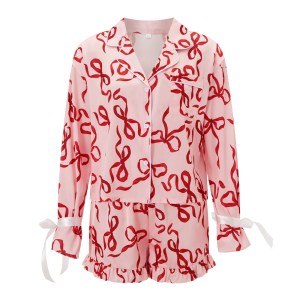 women's satin bow pajama set – long sleeve lapel button up top & shorts, 2 piece sleepwear set for cozy nights Women's Satin Bow Pajama Set – Long Sleeve Lapel Button-Up Top & Shorts, 2-Piece Sleepwear Set for Cozy Nights 2