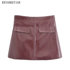 Burgundy Women's Glossy Leather A-Line Skirt – High Waist, Side Zipper, Flap Pocket Detail, Chic & Stylish 1