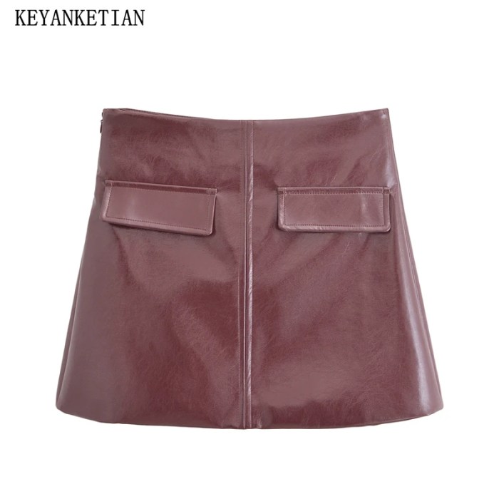 burgundy women's glossy leather a line skirt – high waist, side zipper, flap pocket detail, chic & stylish Burgundy Women's Glossy Leather A-Line Skirt – High Waist, Side Zipper, Flap Pocket Detail, Chic & Stylish 1