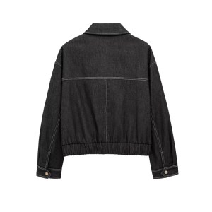 Women's Black Denim Jacket – White Line Detail, Flap Pockets, Loose Cropped Zipper Outerwear 1