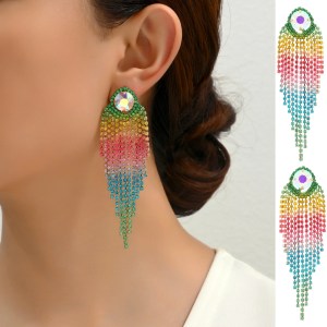 Rainbow Shiny Rhinestone Tassel Chain Earrings – Sparkling Charm Design 1