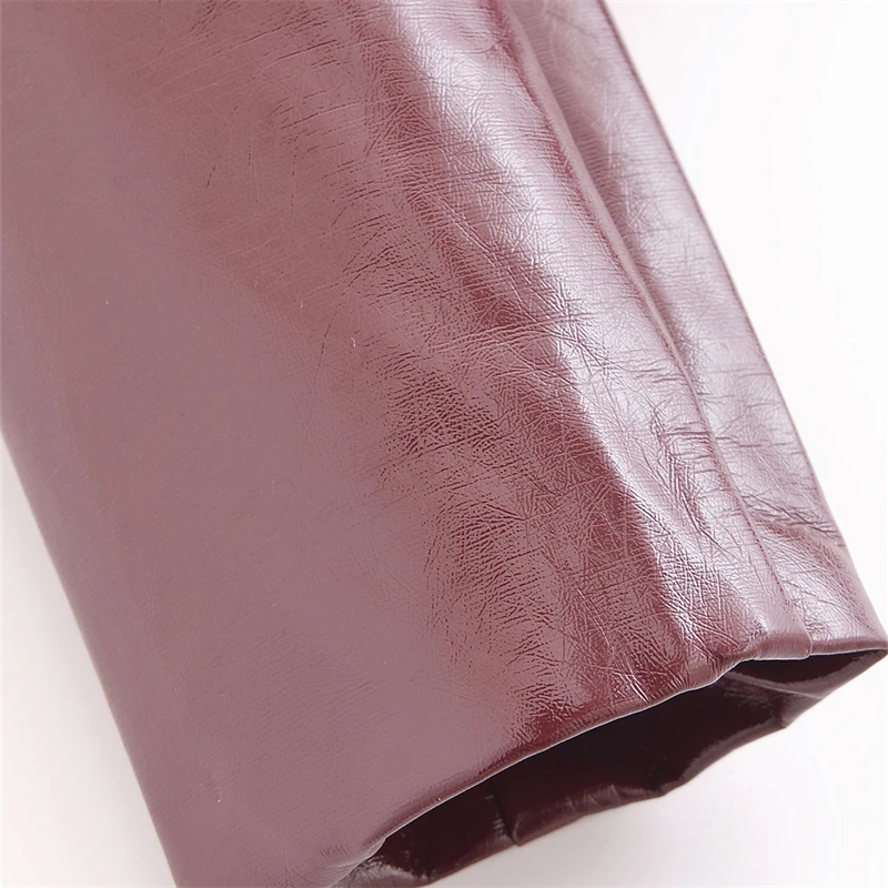 Autumn Burgundy Women's Glossy Faux Leather Jacket – Street Style Round Neck Single-Breasted Slim Crop Coat, 3