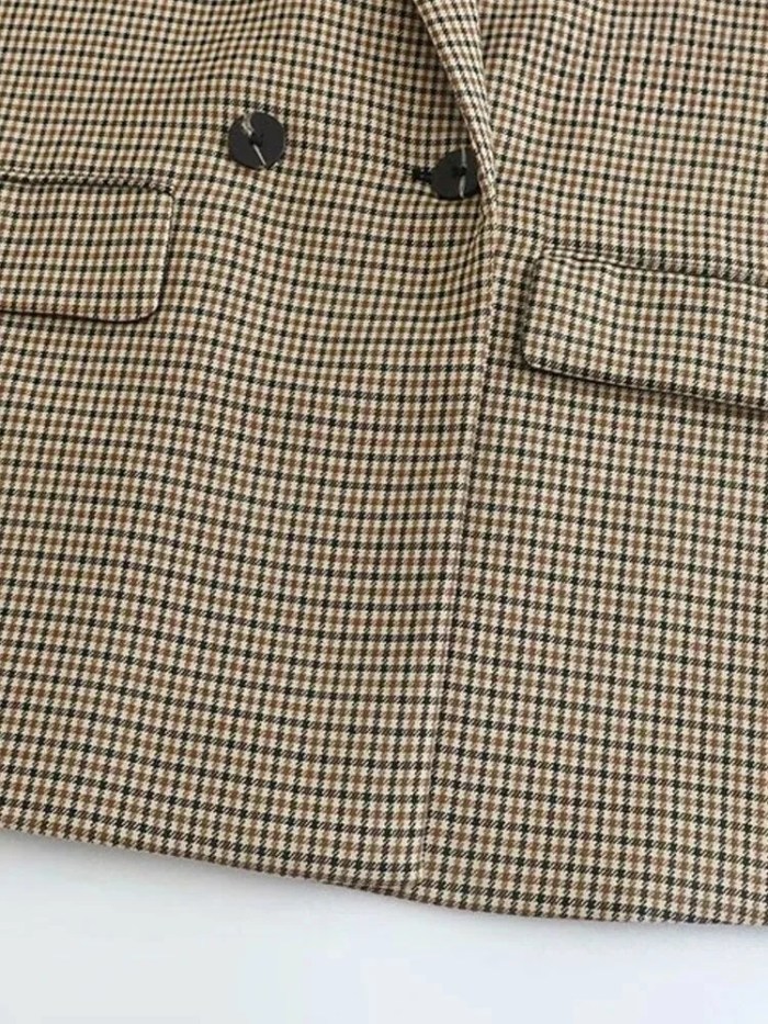 ASDS Women Fashion Double Breasted Plaid Blazer Coat Vintage Long Sleeve Flap Pockets Female Outerwear Chic Vestes Femme 3