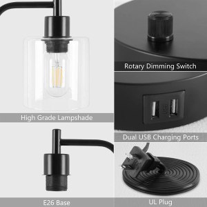 2x pack industrial table lamp with 2 usb port for bedside nightstand desk and living room office (bulb not included)