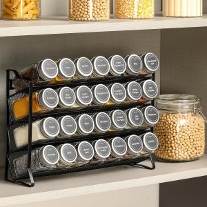 spice rack organiser with 28 spice jars, spice labels, funnel and marker for kitchen countertop
