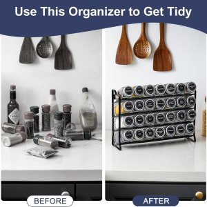 spice rack organiser with 28 spice jars, spice labels, funnel and marker for kitchen countertop
