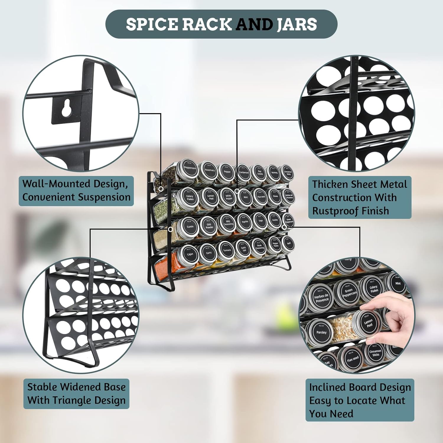 spice rack organiser with 28 spice jars, spice labels, funnel and marker for kitchen countertop