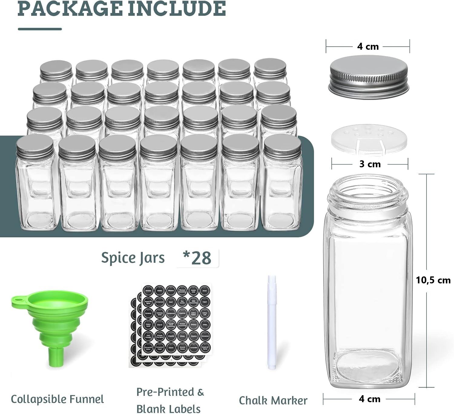 spice rack organiser with 28 spice jars, spice labels, funnel and marker for kitchen countertop