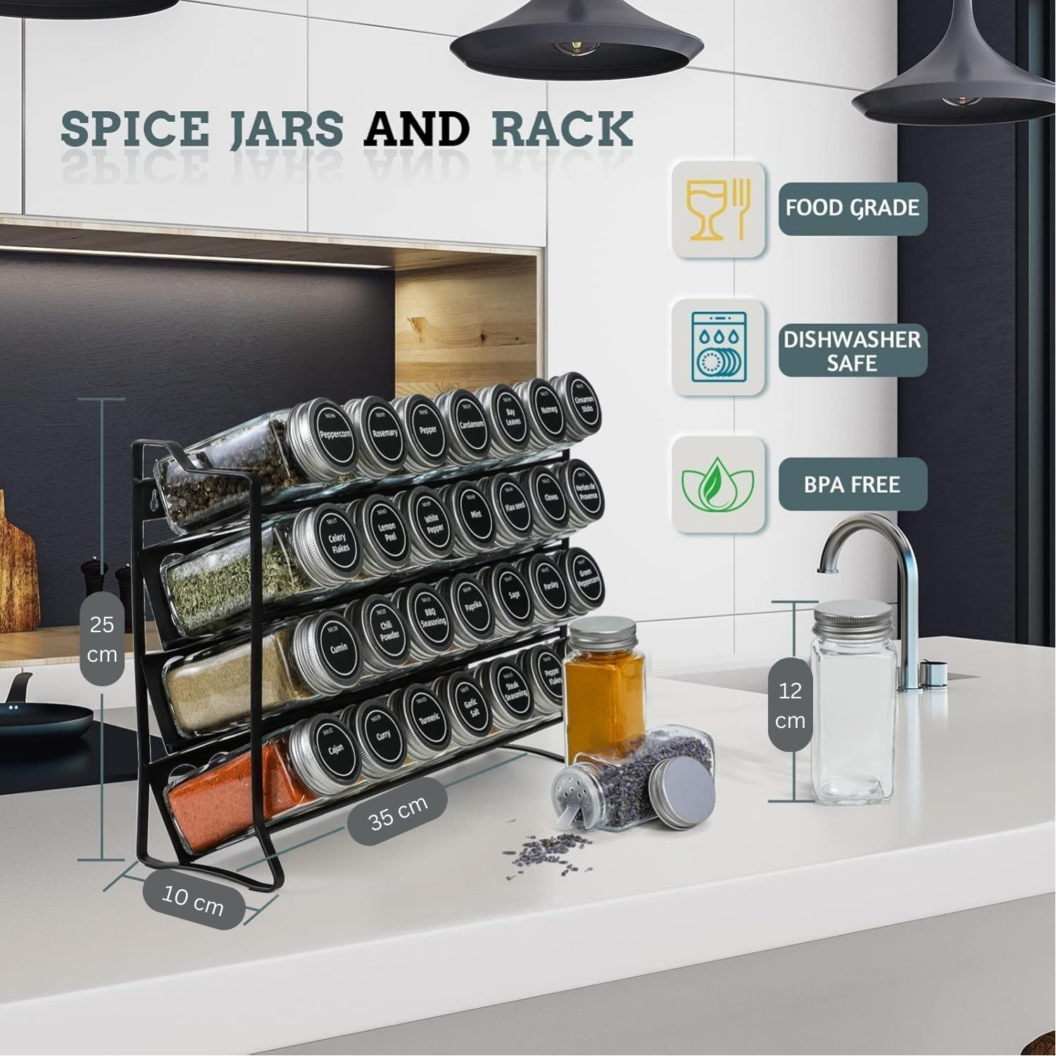 spice rack organiser with 28 spice jars, spice labels, funnel and marker for kitchen countertop