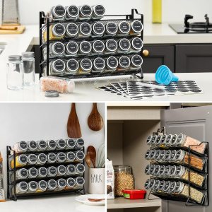 spice rack organiser with 28 spice jars, spice labels, funnel and marker for kitchen countertop
