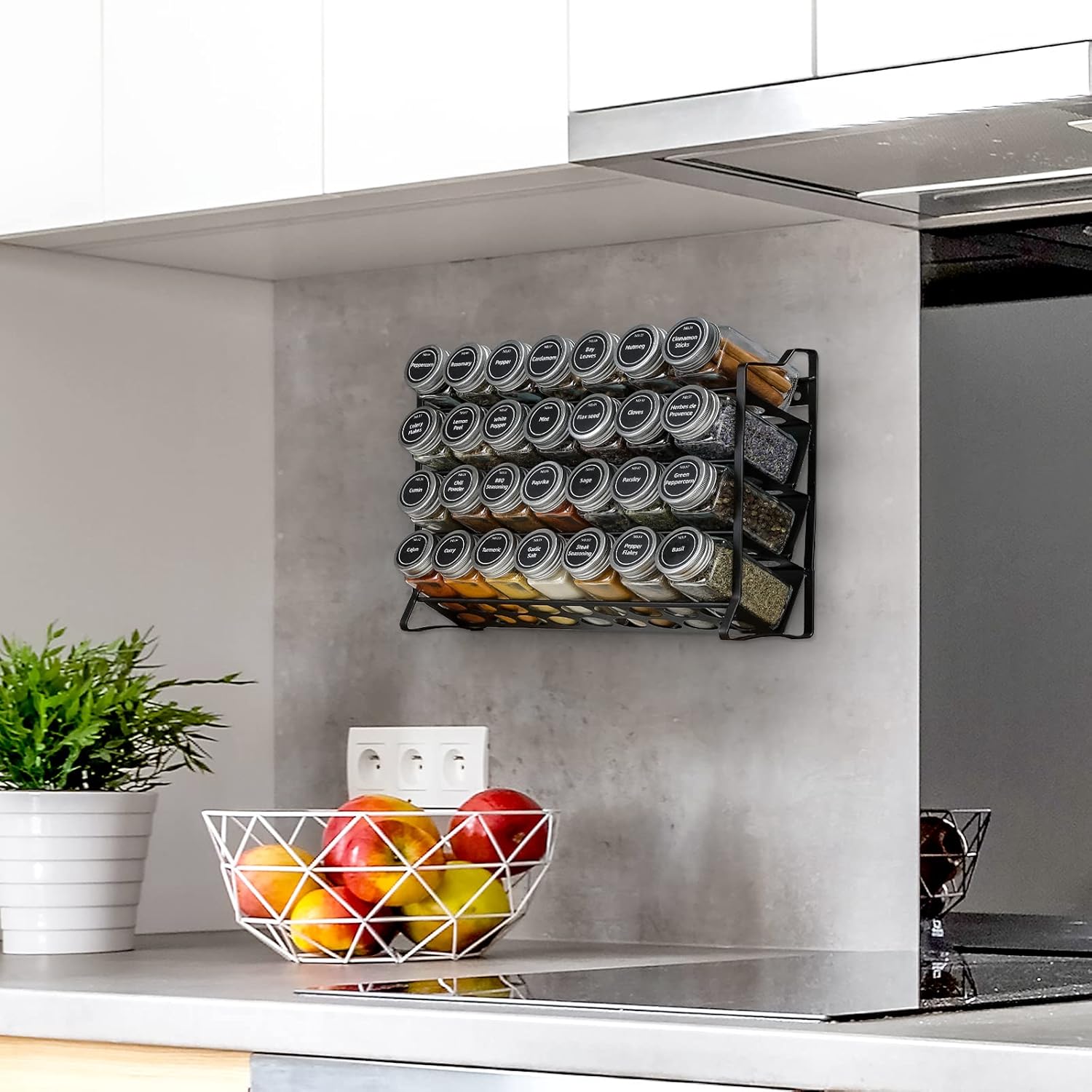 spice rack organiser with 28 spice jars, spice labels, funnel and marker for kitchen countertop